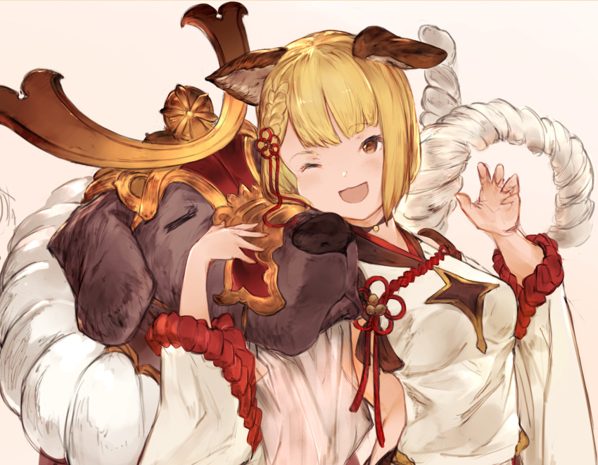 1girl ;d animal animal_ears bangs blonde_hair blunt_bangs blush braid breasts brown_eyes detached_sleeves dog dog_ears frilled_sleeves frills granblue_fantasy hair_ribbon head_tilt highres long_sleeves medium_breasts midriff one_eye_closed open_mouth pink_background red_ribbon ribbon shiny shiny_hair short_hair side_braid side_cutout simple_background smile solo upper_body vajra_(granblue_fantasy) wide_sleeves yashigaras