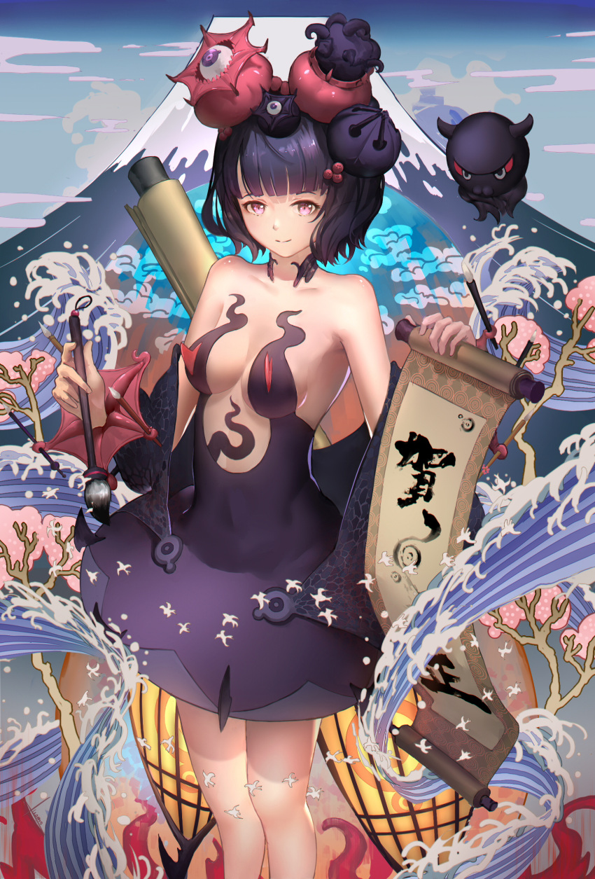 1girl absurdres bare_shoulders bird black_hair blue_eyes breasts calligraphy_brush fate/grand_order fate_(series) flower hair_flower hair_ornament highres katsushika_hokusai_(fate/grand_order) light_smile looking_at_viewer luomo medium_breasts mountain octopus paintbrush scroll short_hair solo tentacle waving
