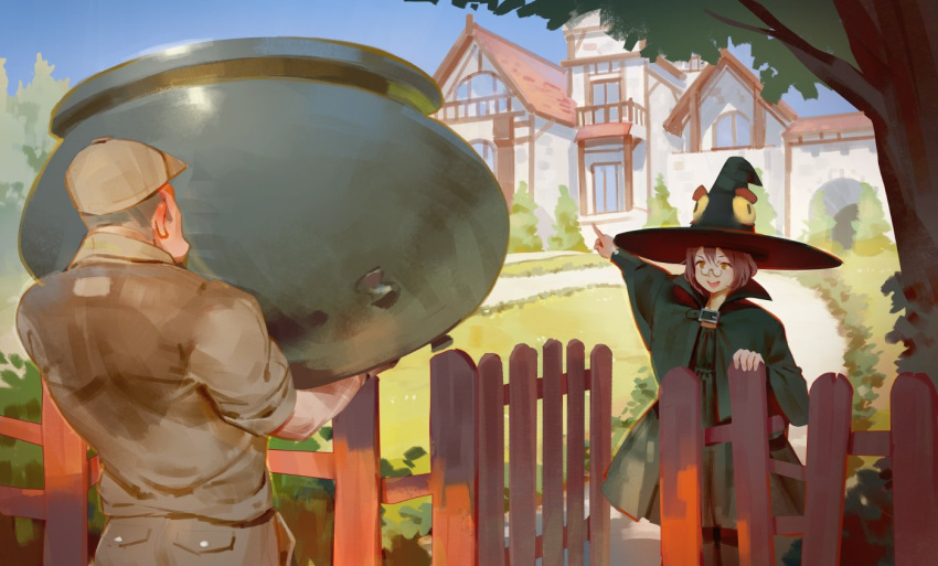 1boy 1girl :d baseball_cap belt blue_sky brown_pants cauldron day fence grass green_hat hat long_sleeves mailman open_mouth original outdoors pants pointing revision robe sky sleeves_rolled_up smile standing tim_loechner tree witch