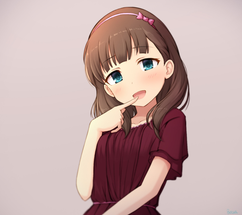 1girl :d artist_name bangs basa_rutan blue_eyes blush bow brown_background brown_hair collarbone dress eyebrows_visible_through_hair finger_to_mouth fingernails hair_bow hairband head_tilt idolmaster idolmaster_cinderella_girls long_hair looking_at_viewer open_mouth pink_bow pink_hairband purple_dress sakuma_mayu short_sleeves simple_background smile solo