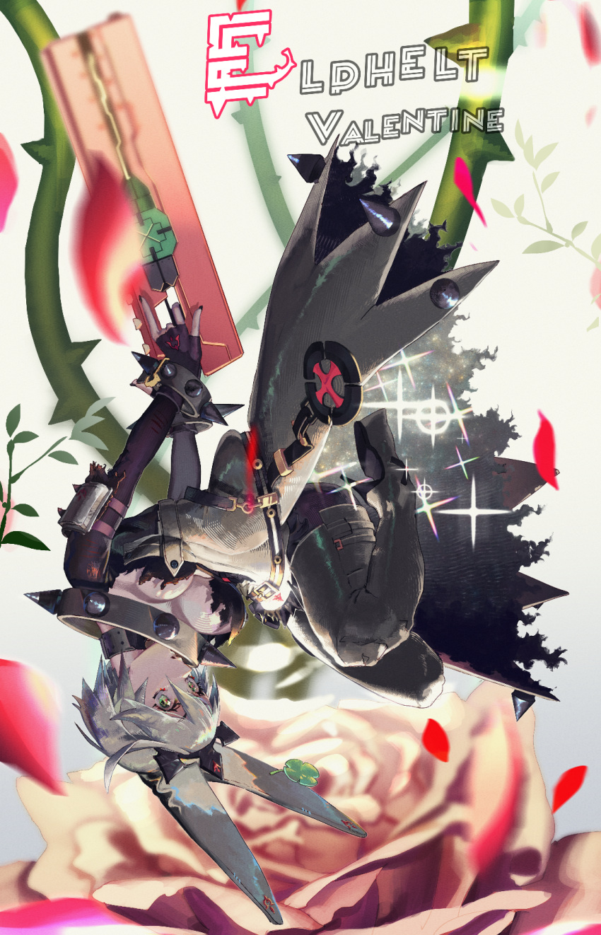 1girl bangs black_dress black_gloves black_nails boots breasts character_name collar dress elbow_gloves elphelt_valentine english full_body gloves green_eyes grey_hair guilty_gear guilty_gear_xrd hair_between_eyes highres holding holding_weapon looking_at_viewer medium_breasts nail_polish open_mouth short_hair solo thigh-highs thigh_boots tok upside-down weapon