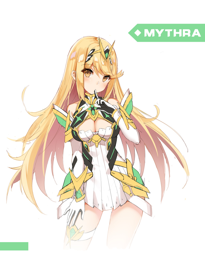 1girl absurdres bangs bare_shoulders blonde_hair blush breasts brown_eyes character_name cleavage cleavage_cutout contrapposto cropped_legs dress elbow_gloves eyebrows_visible_through_hair faulds finger_to_mouth gloves hand_on_own_thigh head_tilt highres mythra_(xenoblade) index_finger_raised long_hair looking_at_viewer medium_breasts shiny shiny_hair short_dress shushing simple_background sleeveless solo standing straight_hair swept_bangs thigh_strap tiara very_long_hair white_background white_dress white_gloves wrist_guards xenoblade_2 yeluno_meng
