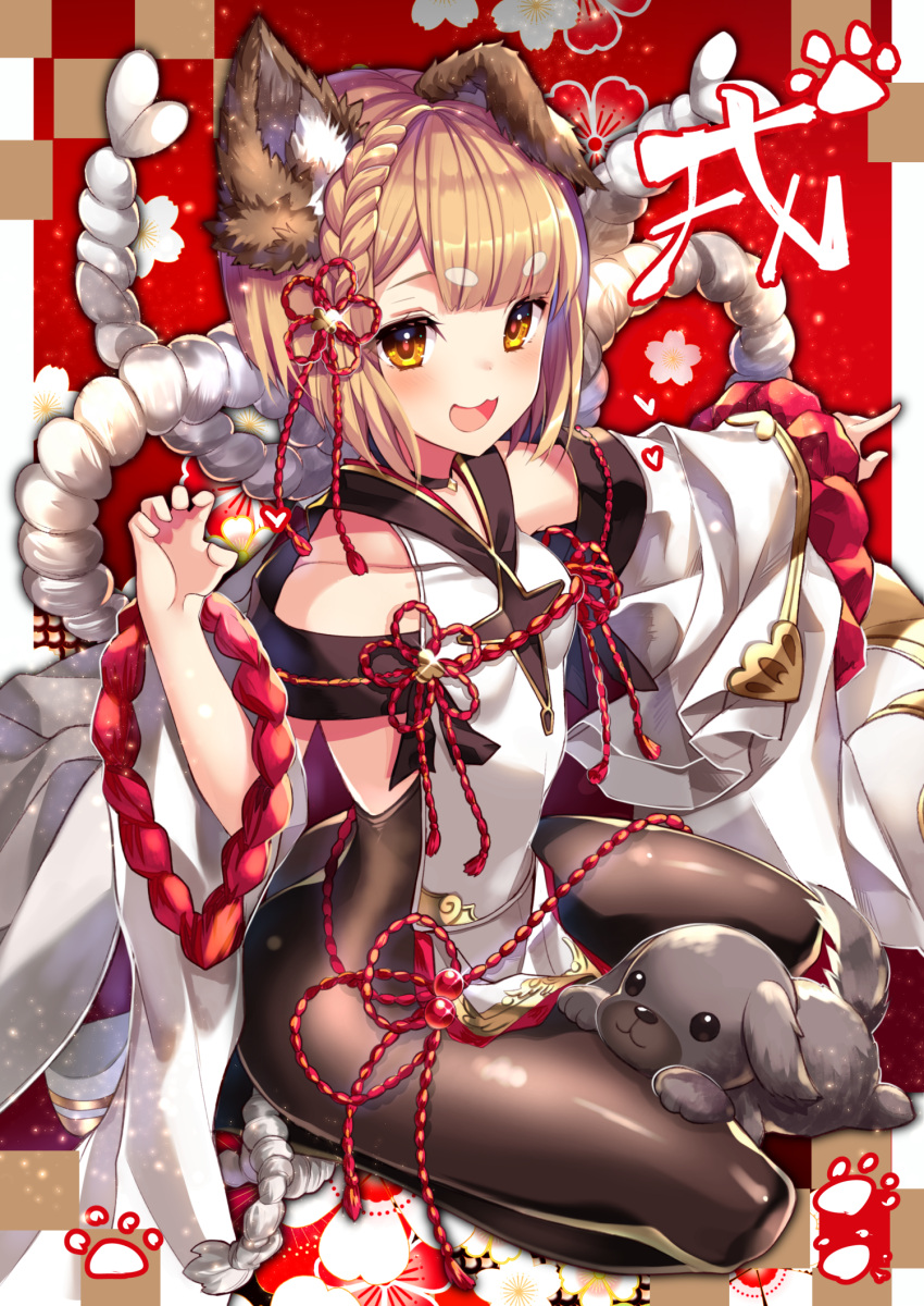 1girl animal_ears blush brown_hair detached_sleeves dog dog_ears erun_(granblue_fantasy) granblue_fantasy hair_ornament highres homaderi japanese_clothes looking_at_viewer open_mouth pantyhose puppy seiza short_hair sitting solo vajra_(granblue_fantasy) yellow_eyes