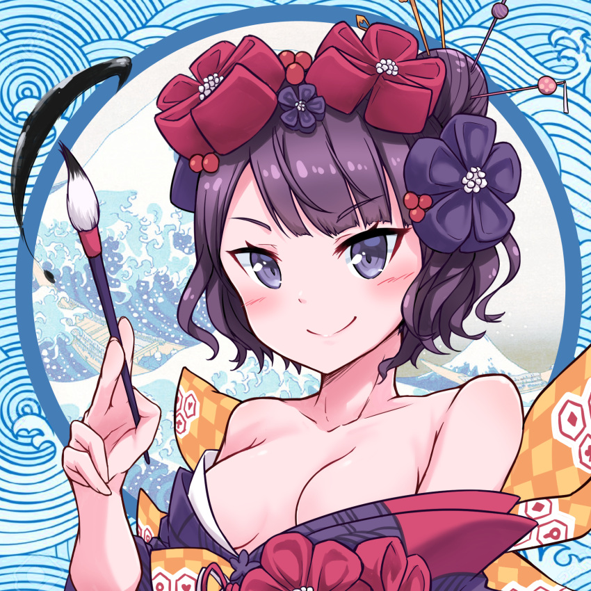 1girl bare_shoulders blush breasts calligraphy_brush cleavage closed_mouth eyebrows_visible_through_hair fate/grand_order fate_(series) flower hair_flower hair_ornament highres japanese_clothes katsushika_hokusai_(fate/grand_order) looking_at_viewer medium_breasts paintbrush profnote purple_hair short_hair smile solo upper_body violet_eyes