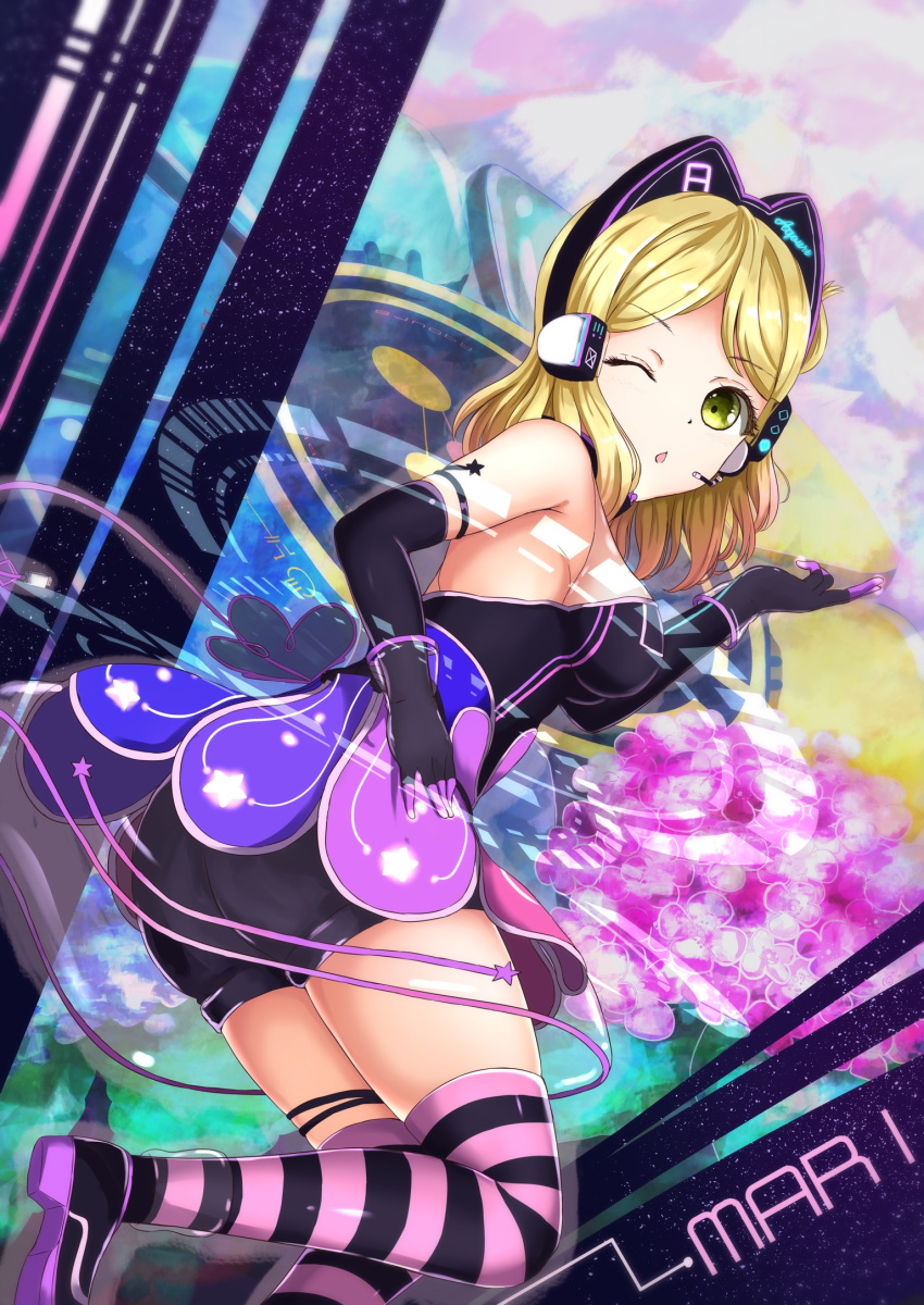 1girl ;o animal_ears aoiao armpits ass bangs bare_shoulders black_footwear black_gloves blonde_hair breasts cat_ears character_name elbow_gloves eyebrows_visible_through_hair eyelashes fake_animal_ears gloves green_eyes headset highres hologram leaning_forward leg_up light_particles looking_at_viewer love_live! love_live!_school_idol_festival love_live!_sunshine!! medium_breasts multicolored multicolored_background ohara_mari one_eye_closed open_mouth parted_bangs shiny shiny_hair shoes short_hair sideboob sleeveless solo standing standing_on_one_leg star striped striped_legwear tareme
