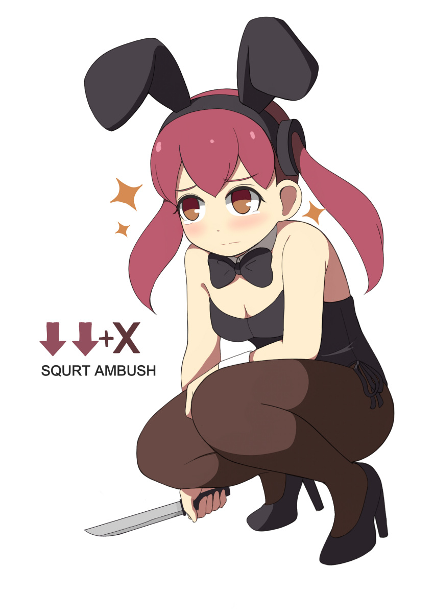 1girl absurdres animal_ears bangs bare_shoulders black_footwear black_leotard black_neckwear blush bow bowtie breasts brown_eyes brown_legwear bunny_girl bunnysuit cleavage closed_mouth detached_collar directional_arrow eyebrows_visible_through_hair fake_animal_ears full_body high_heels highres holding holding_knife knife leotard long_hair looking_away medium_breasts original pantyhose pink_hair rabbit_ears solo sparkle squatting strapless strapless_leotard tears toy_box-r twintails white_background white_collar wrist_cuffs