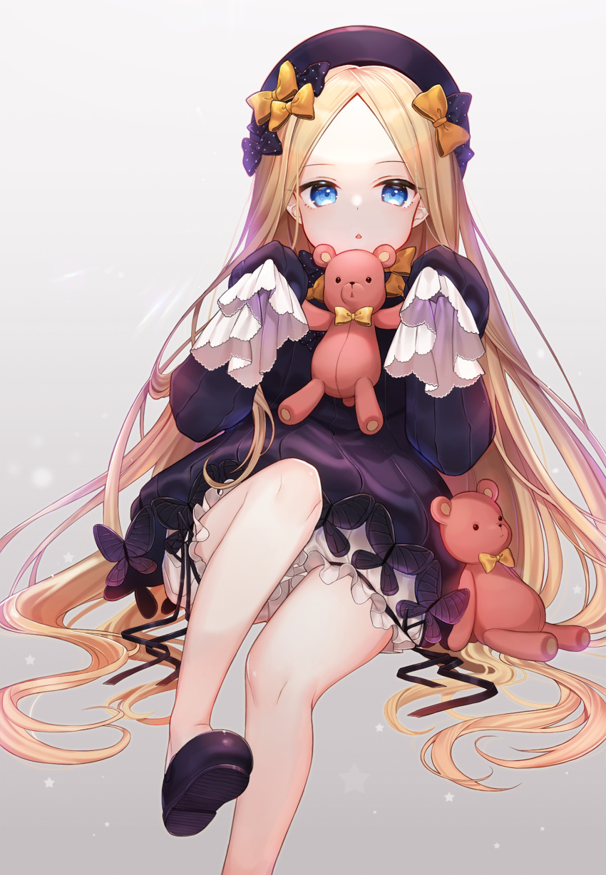 1girl abigail_williams_(fate/grand_order) absurdres bangs bare_legs black_bow black_dress black_footwear black_hat blonde_hair bloomers blue_eyes bow butterfly dress fate/grand_order fate_(series) forehead hair_bow hat highres holding holding_stuffed_animal ion_(on01e) long_hair long_sleeves looking_at_viewer orange_bow parted_bangs polka_dot polka_dot_bow simple_background sitting sleeves_past_wrists solo stuffed_animal stuffed_toy teddy_bear underwear very_long_hair white_bloomers