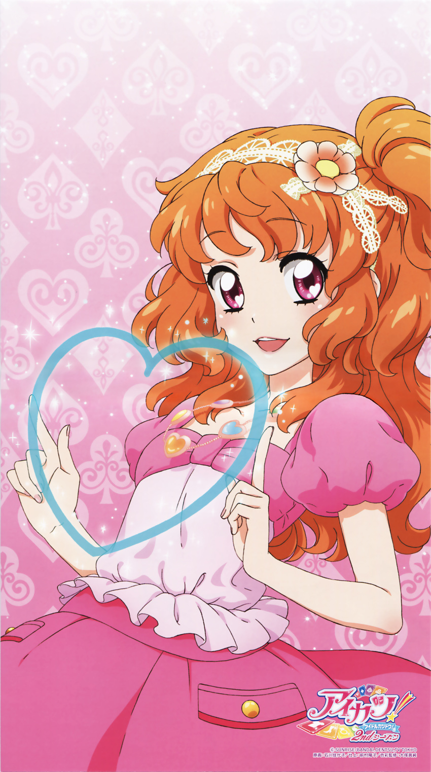 1girl :d absurdres aikatsu! club_(shape) collarbone company_name copyright_name diamond_(shape) dress flower gradient gradient_background hair_flower hair_ornament hairband heart heart_in_eye highres ishikawa_kayoko jewelry lips looking_at_viewer makeup nail_polish necklace official_art one_side_up oozora_akari open_mouth orange_hair pink_background pink_dress pocket puffy_short_sleeves puffy_sleeves red_eyes short_sleeves side_ponytail skirt smile solo spade_(shape) sparkle symbol_in_eye teeth