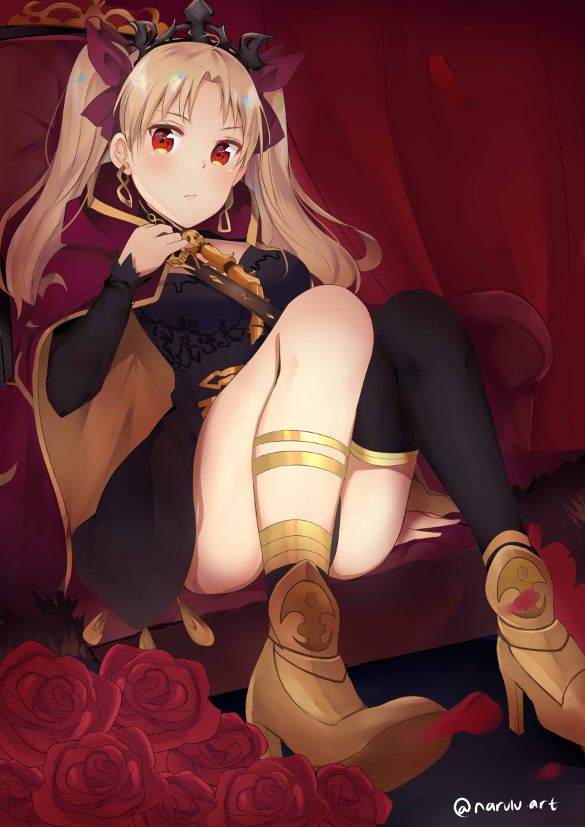 1girl absurdres anklet asymmetrical_legwear bangs between_breasts black_legwear blonde_hair blush buckle cape chair closed_mouth commentary detached_collar earrings ereshkigal_(fate/grand_order) fate/grand_order fate_(series) flower frchan24 hair_ribbon high_heels highres infinity jewelry long_hair looking_at_viewer multicolored multicolored_cape multicolored_clothes necklace parted_bangs petals red_cape red_eyes red_flower red_ribbon red_rose ribbon rose rose_petals single_thighhigh sitting skull solo spine thigh-highs thighlet tiara two_side_up yellow_cape