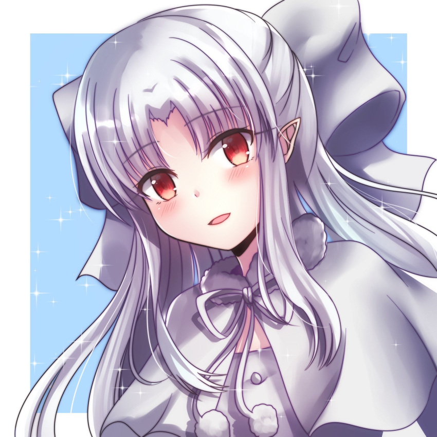 1girl :d bangs blush bow capelet commentary_request eyebrows_visible_through_hair fur_collar hair_bow head_tilt highres long_hair looking_at_viewer neck_ribbon open_mouth parted_bangs parted_lips pointy_ears pom_pom_(clothes) red_eyes ribbon smile solo sparkle tanaji tsukihime white_bow white_hair white_len