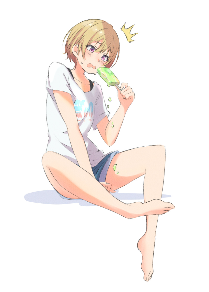 1girl ^^^ bare_legs barefoot blonde_hair blush collarbone denim denim_shorts eito12 food food_on_body highres holding holding_food ice_cream ice_cream_bar idolmaster idolmaster_shiny_colors invisible_chair melting saijo_juri shirt short_shorts shorts simple_background sitting solo white_background white_shirt