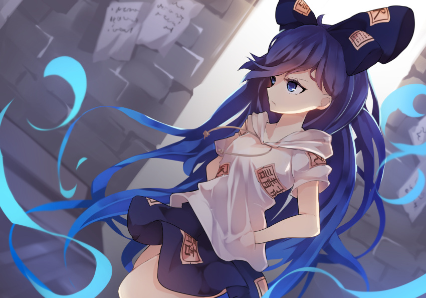 1girl angry antinomy_of_common_flowers blue_eyes blue_fire blue_hair ears fire frown hair_ribbon hands_in_pockets highres looking_to_the_side paper resonet ribbon standing talismans touhou wall yorigami_shion
