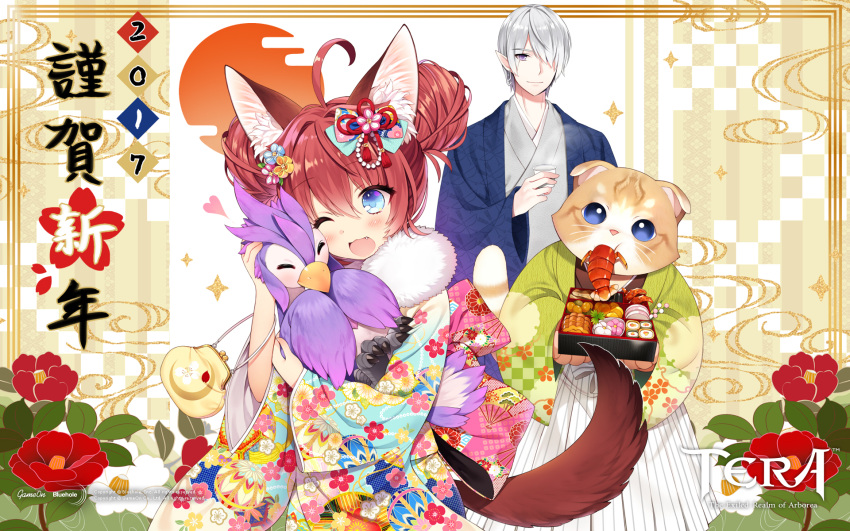 1girl 2017 2boys ;d ^_^ ahoge animal_ears bag bird blue_eyes blush brown_hair byulzzimon closed_eyes closed_mouth cup double_bun elin_(tera) eyebrows_visible_through_hair fang floral_print flower food fox_ears fox_tail furry hair_between_eyes hair_flower hair_ornament hair_over_one_eye hakama head_tilt high_elf highres holding holding_cup japanese_clothes kimono light_smile long_sleeves looking_at_viewer mouth_hold multiple_boys new_year number obentou official_art one_eye_closed open_mouth pointy_ears popori short_hair silver_hair skirt smile standing tail tera_online violet_eyes wallpaper white_skirt