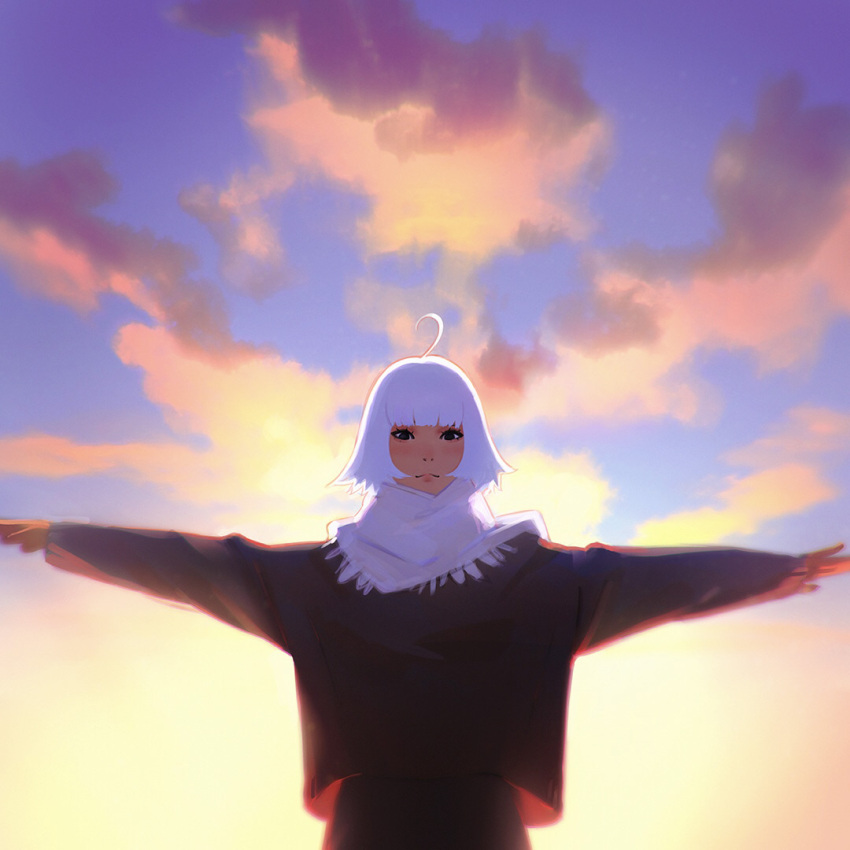 1girl black_eyes clouds day from_below ilya_kuvshinov looking_at_viewer original outstretched_arms scarf short_hair sky solo spread_arms standing white_hair
