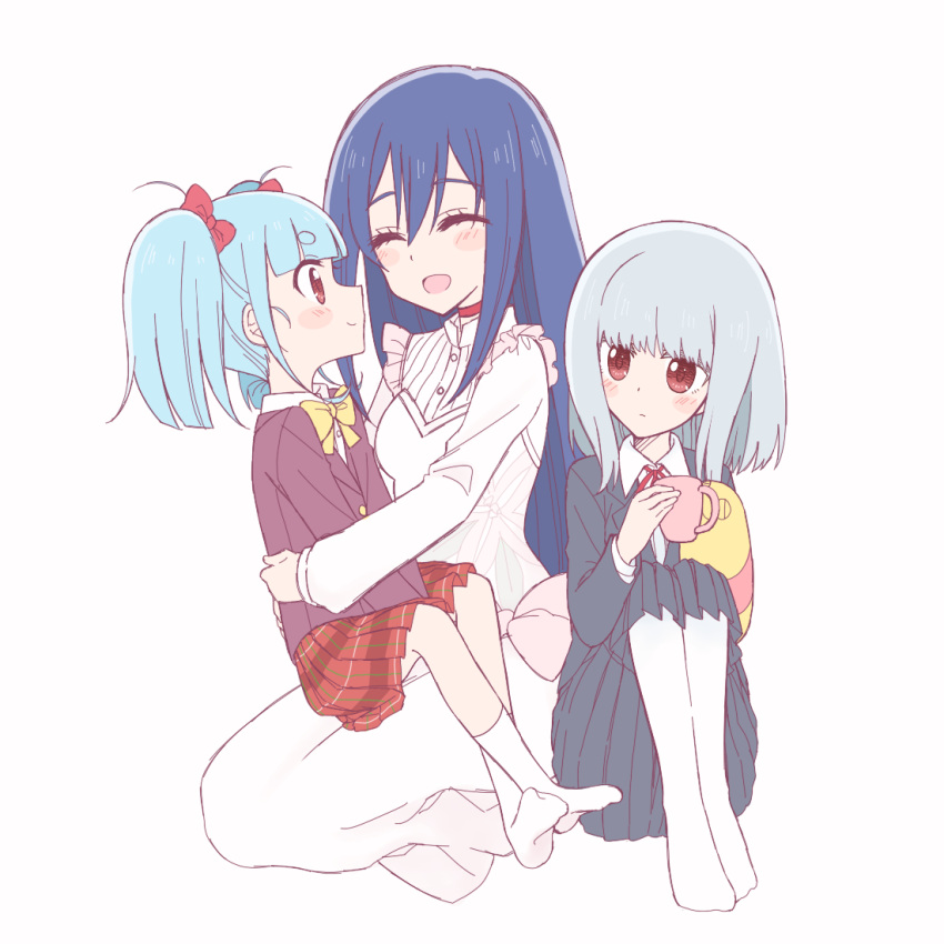 3girls :d ^_^ age_difference blazer blue_hair blush_stickers bow bowtie choker closed_eyes commentary_request cup dress flip_flappers hair_bow holding holding_cup hug jacket light_blue_hair long_hair long_skirt mimi_(flip_flappers) mug multiple_girls no_shoes nyunyu open_mouth pantyhose plaid plaid_skirt pleated_skirt red_bow red_choker red_eyes red_neckwear red_ribbon ribbon school_uniform silver_hair simple_background sitting sitting_on_lap sitting_on_person skirt smile socks sou_(mgn) twintails white_background white_dress white_legwear yellow_bow yellow_neckwear yuyu_(flip_flappers)