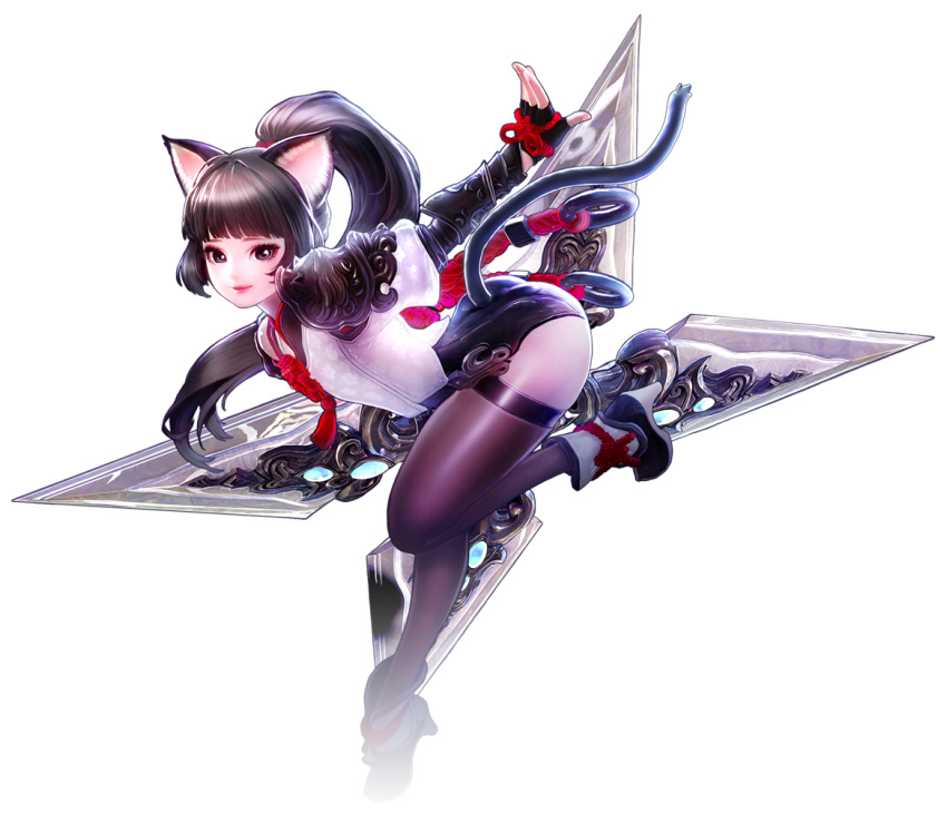 1girl animal_ears arm_up armor artist_request ass black_eyes black_hair black_legwear black_leotard boots cat_ears cat_tail elin_(tera) fingerless_gloves gloves high_heels huge_weapon leaning_forward leg_lift leotard leotard_under_clothes lips long_hair ninja o-ring official_art outstretched_arm pauldrons ponytail rope shirt shuriken smile solo standing standing_on_one_leg tail tera_online thigh-highs transparent_background weapon white_shirt