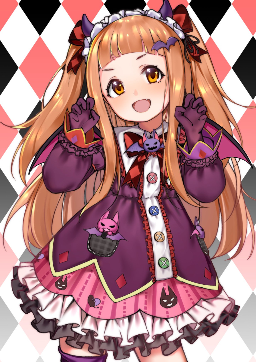 1girl :d bangs bat_hair_ornament blunt_bangs brown_hair buttons claw_pose commentary dress fangs frilled_dress frills gloves hair_ornament headdress highres ichihara_nina idolmaster idolmaster_cinderella_girls long_hair open_mouth orange_eyes smile solo sunege_(hp0715) two_side_up very_long_hair