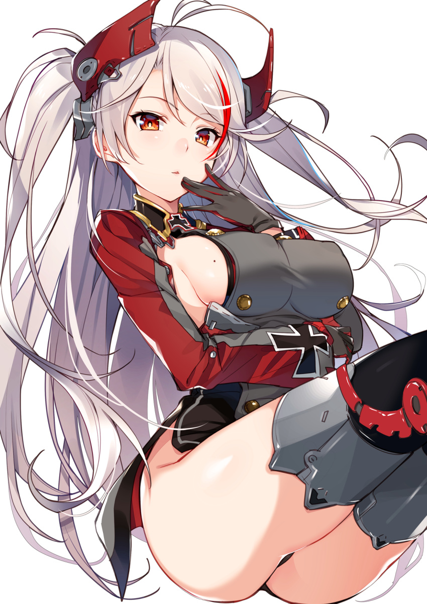 1girl antenna_hair ass azur_lane bangs black_gloves black_legwear blush breasts bright_pupils cut_(bu-kunn) dress erect_nipples garter_straps gloves grey_dress hand_on_own_face hand_up headgear highres invisible_chair iron_cross long_hair long_sleeves looking_at_viewer medium_breasts mole mole_on_breast multicolored_hair orange_eyes parted_lips prinz_eugen_(azur_lane) redhead shiny shiny_hair short_dress sideboob silver_hair simple_background sitting smile solo swept_bangs thigh-highs thighs tsurime two-tone_hair two_side_up very_long_hair white_background