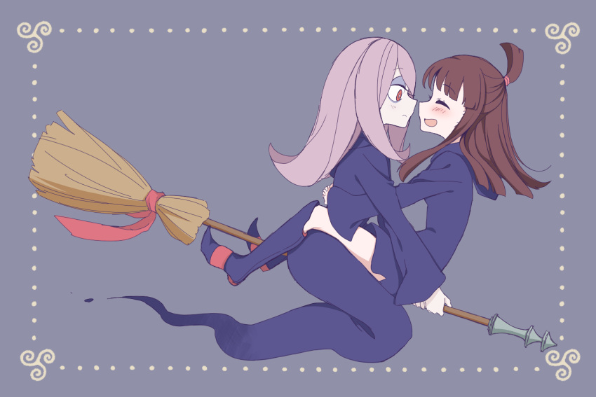 2girls :d ^_^ blush boots broom broom_riding closed_eyes commentary face-to-face facing_another from_side half_updo hug kagari_atsuko knee_boots light_blush light_frown little_witch_academia long_hair looking_at_another multiple_girls open_mouth smile sou_(mgn) sucy_manbavaran yuri