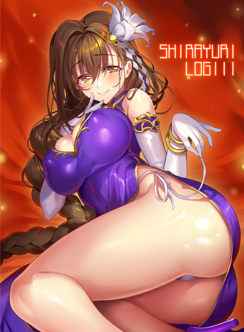 1girl ass bangs blush bracelet braid breasts brown_eyes brown_hair china_dress chinese_clothes cleavage cleavage_cutout closed_mouth commentary_request dress elbow_gloves eyebrows_visible_through_hair gan_(shanimuni) gloves hand_to_own_mouth high_heels highres impossible_clothes impossible_dress jewelry kanpani_girls large_breasts lips long_hair lying mole mole_under_eye on_side panties purple_dress shirayuri_sakura side-tie_panties side_slit single_braid sleeveless smile solo string_panties underwear untying very_long_hair white_gloves white_panties