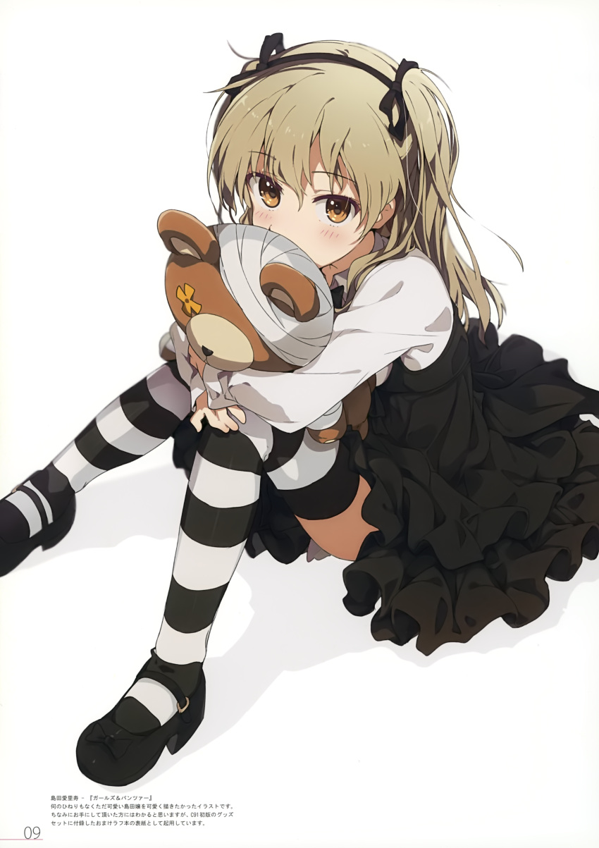 1girl absurdres bandage bangs black_footwear black_legwear black_neckwear black_ribbon black_skirt boko_(girls_und_panzer) bow bowtie brown_eyes casual collared_shirt covered_mouth eyebrows_visible_through_hair full_body girls_und_panzer high-waist_skirt highres holding holding_stuffed_animal hug layered_skirt light_brown_hair long_hair long_sleeves looking_at_viewer mary_janes ogipote ribbon shadow shimada_arisu shirt shoes side_ponytail skirt solo standing striped striped_legwear stuffed_animal stuffed_toy suspender_skirt suspenders teddy_bear thigh-highs translation_request white_shirt