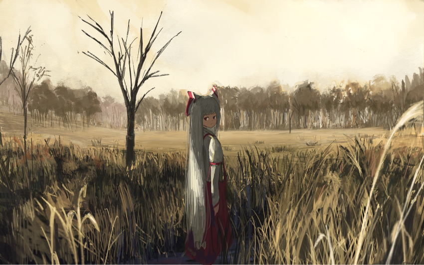 1girl arms_at_sides baggy_pants bangs bare_tree bow closed_mouth collared_shirt day expressionless fjsmu forest from_behind fujiwara_no_mokou grass grey_hair hair_bow highres long_hair long_sleeves looking_at_viewer looking_back nature outdoors pants red_eyes red_pants scenery shirt sky solo standing suspenders touhou tree very_long_hair white_shirt