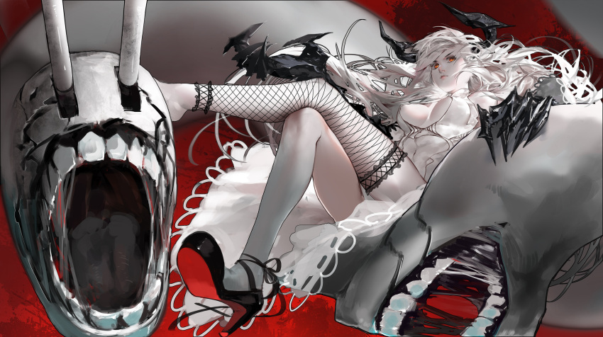 1girl character_request claws fishnet_legwear fishnets g_q high_heels highres horns kantai_collection mismatched_legwear orange_eyes shinkaisei-kan sitting solo teeth white_hair