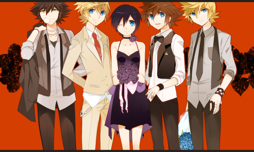 1girl bad_id bad_pixiv_id blonde_hair blue_eyes blue_hair breasts brown_hair chains cleavage crown dress formal highres kingdom_hearts kingdom_hearts_358/2_days kingdom_hearts_birth_by_sleep long_hair multiple_boys roxas short_hair sora_(kingdom_hearts) suit umidesuyo vanitas ventus xion_(kingdom_hearts)