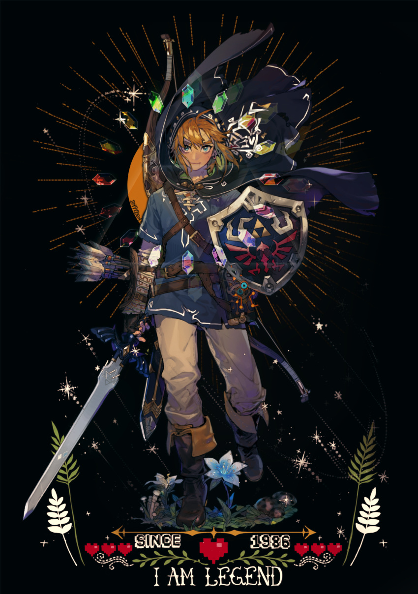 1986 1boy ahoge arrow belt black_background black_footwear black_gloves blonde_hair blue_eyes boots bow_(weapon) brown_pants cape closed_mouth earrings english fingerless_gloves flower full_body gloves heart highres holding holding_shield holding_sword holding_weapon hood_up jewelry knee_boots looking_at_viewer male_focus master_sword mushroom pants pigeon666 pointy_ears quiver rupees sheath shield short_sleeves simple_background smile standing sword the_legend_of_zelda the_legend_of_zelda:_breath_of_the_wild thick_eyebrows tunic unsheathed weapon