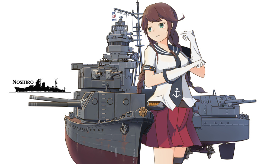 1girl 25mm_triple_autocannon_mount anchor aqua_eyes autocannon binoculars braid breasts bridge brown_hair cannon character_name chrysanthemum collarbone cruiser flag flower glove_pull gloves highres kantai_collection long_hair looking_to_the_side mast medium_breasts military military_vehicle namesake noshiro_(cruiser) noshiro_(kantai_collection) parted_lips pleated_skirt propeller range_finder red_skirt rigging rudder rust sailor_collar searchlight ship shiro_yukimichi short_sleeves simple_background single_thighhigh skirt solo standing thigh-highs turret twin_braids upper_body warship watercraft white_background white_gloves wooden_deck