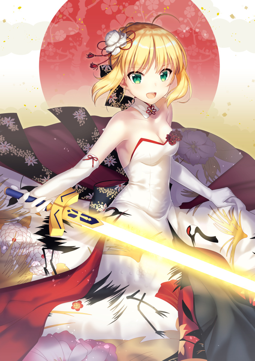 1girl :d ahoge animal_print armpits artoria_pendragon_(all) bare_shoulders bird_print blonde_hair breasts cleavage collarbone detached_collar dress elbow_gloves excalibur eyebrows_visible_through_hair eyelashes fate/stay_night fate_(series) floral_background floral_print flower foreshortening gloves glowing glowing_sword glowing_weapon green_eyes hair_flower hair_ornament hair_ribbon highres holding holding_sword holding_weapon ichiren_namiro looking_at_viewer medium_breasts open_mouth outstretched_arm print_dress red_ribbon ribbon round_teeth saber shiny shiny_hair shirt short_hair sidelocks skirt_hold smile smoke solo strapless strapless_dress sword teeth weapon white_dress white_shirt