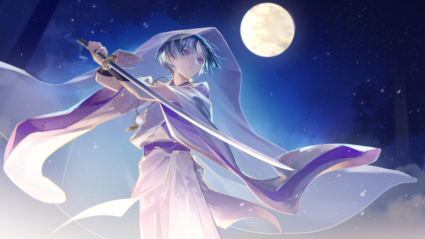 1boy absurdres bishounen blunt_ends closed_mouth detached_sleeves full_moon genshin_impact grey_pants hair_between_eyes highres holding holding_weapon japanese_clothes long_sleeves male_focus mandarin_collar moon night pants pom_pom_(clothes) purple_belt purple_hair purple_shirt sanshi3030 scaramouche_(genshin_impact) scaramouche_(kabukimono)_(genshin_impact) shirt short_hair solo sparkle veil vest violet_eyes weapon white_vest wide_sleeves