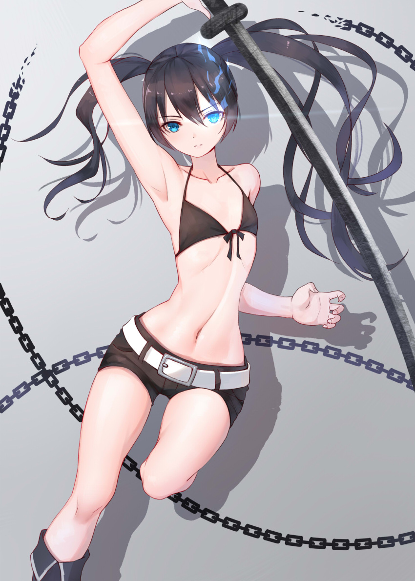 arm_up armpits bikini_top black_hair black_rock_shooter black_rock_shooter_(character) blue_eyes boots burning_eye chains glowing glowing_eye grey_background highres katana long_hair looking_at_viewer midriff navel short_shorts shorts simple_background sword twintails uneven_twintails weapon zyl