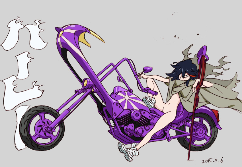 1girl black_hair bottomless bousouzoku cloak dated from_side grey_background ground_vehicle hand_on_hilt highres kill_la_kill leaning looking_at_viewer matoi_ryuuko motor_vehicle motorcycle multicolored_hair naked_cloak navel official_art riding scissor_blade shoes short_hair simple_background sneakers solo streaked_hair sushio