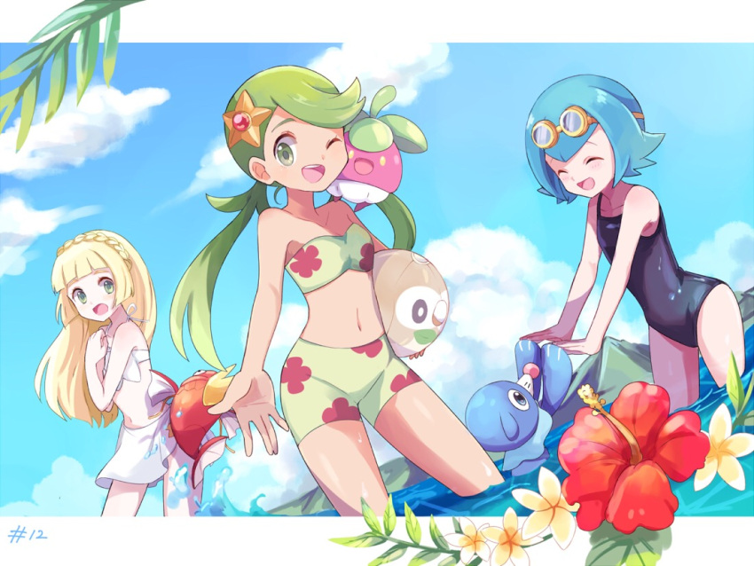 3girls ball beachball bikini blonde_hair blue_hair bounsweet braid closed_eyes clouds day flower french_braid goggles goggles_on_head green_eyes green_hair hibiscus lillie_(pokemon) long_hair magikarp mallow_(pokemon) mei_(maysroom) midriff multiple_girls navel one-piece_swimsuit one_eye_closed open_mouth outdoors partially_submerged plumeria pokemon pokemon_(anime) pokemon_(creature) pokemon_sm_(anime) popplio rowlet sea_star short_hair sky staryu suiren_(pokemon) swimsuit trial_captain twintails water white_swimsuit