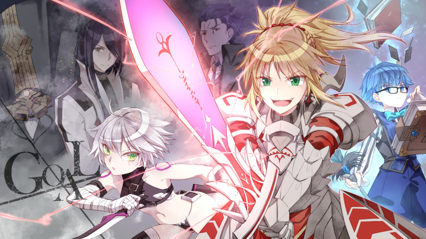 2girls 3boys arm_belt armor bandage bandaged_arm black_hair black_panties blonde_hair blue_eyes blue_hair book braid charles_babbage_(fate/grand_order) clarent dagger dual_wielding fate/grand_order fate_(series) french_braid glasses green_eyes hair_ornament hair_scrunchie hans_christian_andersen_(fate) highres holding holding_knife holding_sword holding_weapon jack_the_ripper_(fate/apocrypha) jh knife long_hair lowleg lowleg_panties matou_zouken mecha mordred_(fate) mordred_(fate)_(all) multiple_boys multiple_girls panties paracelsus_(fate) ponytail red_eyes scar scar_across_eye scrunchie short_hair shoulder_tattoo sword tattoo underwear weapon white_hair yellow_eyes younger