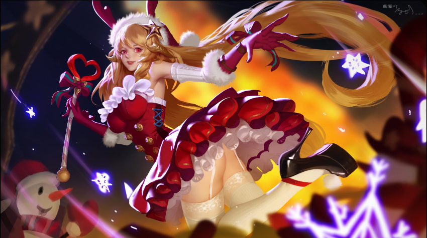 1girl antlers anyuananyuan ass bare_shoulders blonde_hair breasts christmas corset detached_sleeves garter_straps gloves hair_ornament high_heels highres long_hair original parted_lips red_eyes red_gloves red_suit reindeer_antlers smile snowflakes snowman solo star star_hair_ornament thigh-highs very_long_hair wand