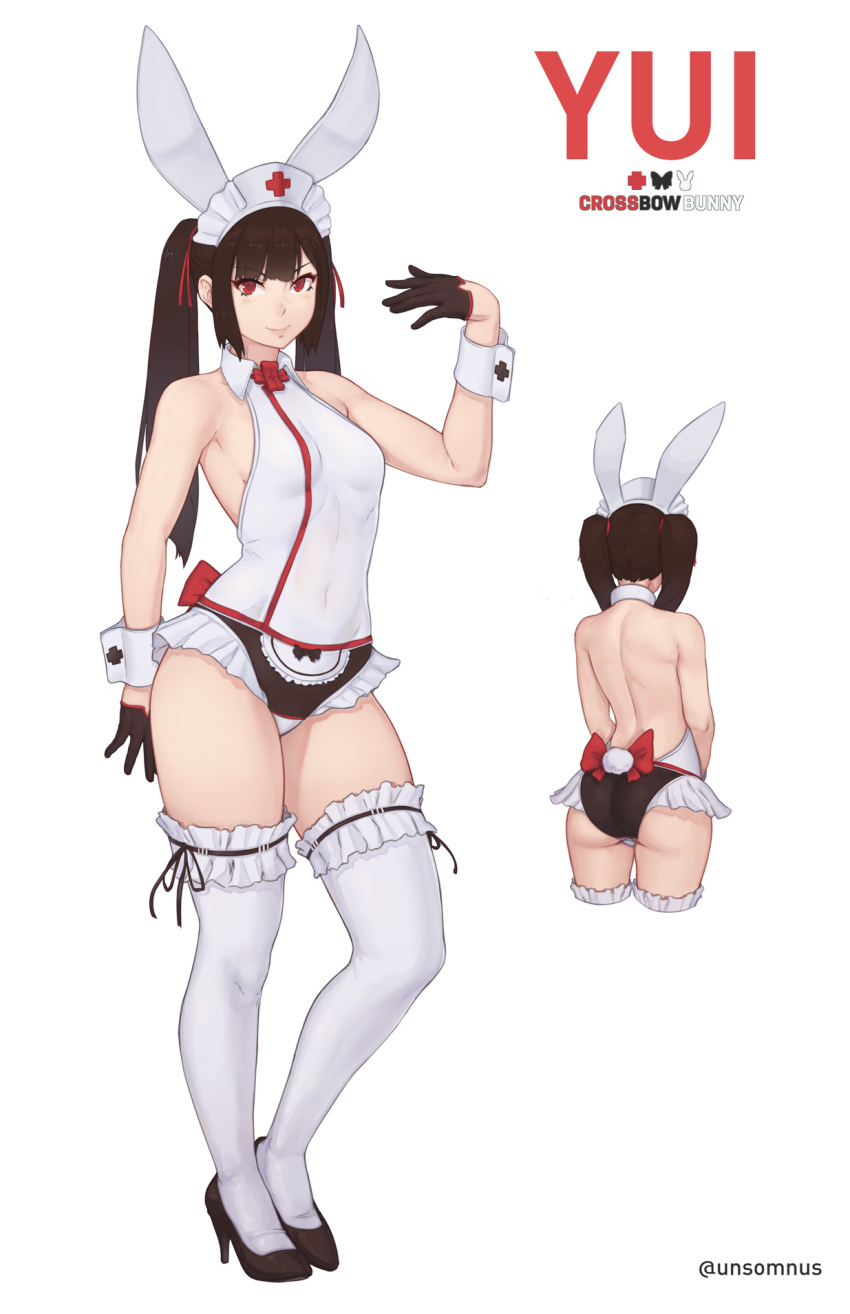 1girl animal_ears ass back bangs bare_back bare_shoulders black_gloves black_hair black_panties bow bow_panties breasts bunny_girl bunny_tail bunnysuit closed_mouth commentary contrapposto covered_navel eyebrows_visible_through_hair fake_animal_ears fake_tail frills from_behind gloves half_gloves hat high_heels highres leg_garter lips long_hair looking_at_viewer medium_breasts multiple_views nurse nurse_cap original panties panties_over_clothes rabbit_ears red_eyes simple_background smile standing tail thigh-highs twintails twitter_username underwear unsomnus white_background white_legwear wing_collar wrist_cuffs