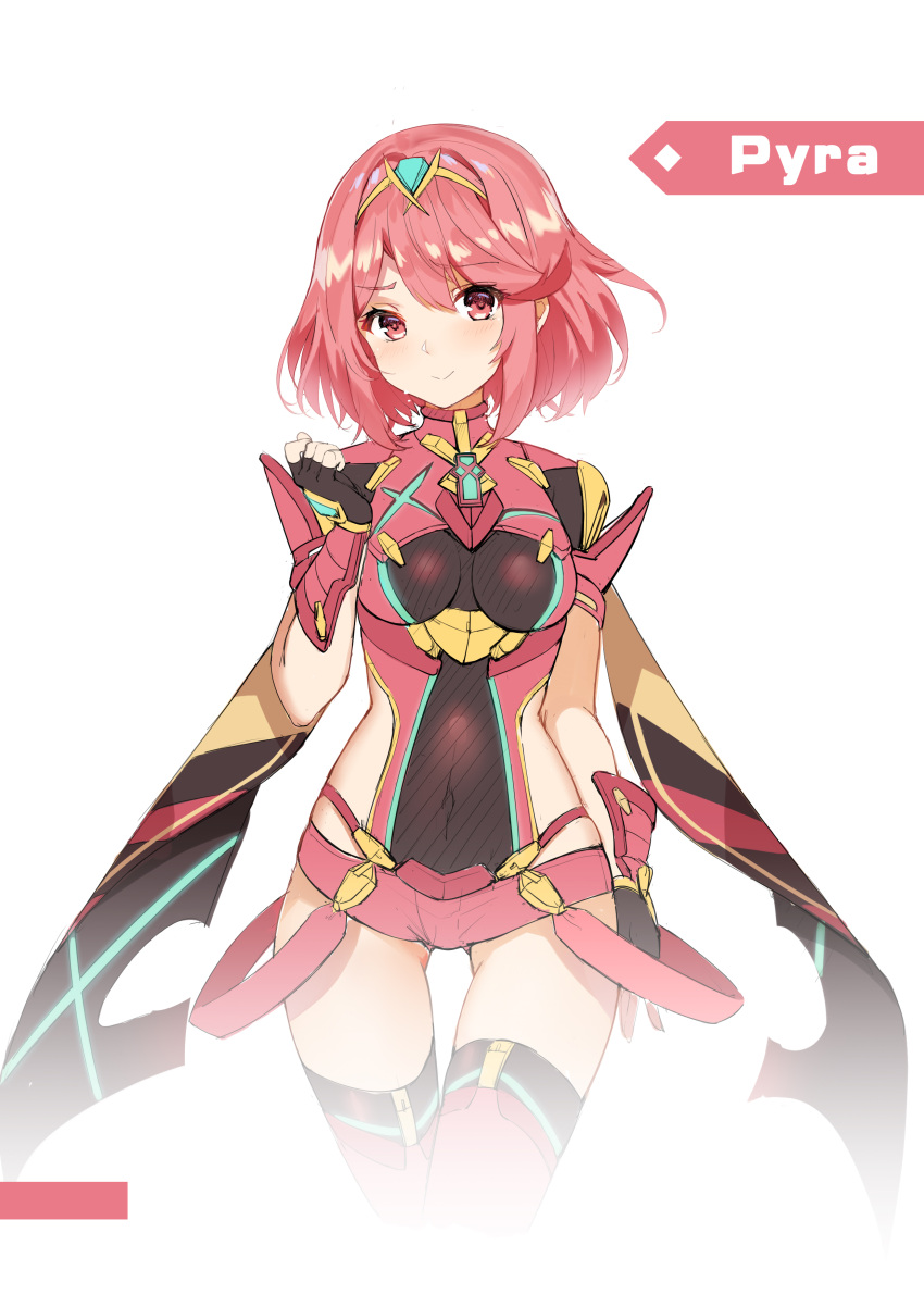 1girl absurdres blush breasts covered_navel earrings fingerless_gloves gloves hair_ornament highres pyra_(xenoblade) jewelry large_breasts looking_at_viewer red_eyes redhead short_hair shorts sidelocks simple_background smile solo tiara white_background xenoblade xenoblade_2 yeluno_meng