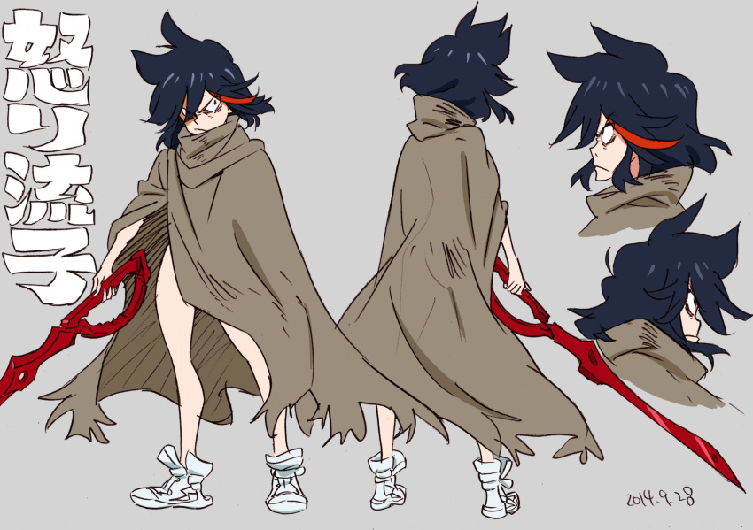 1girl angry bare_legs black_hair character_sheet cloak grey_background highres holding holding_weapon kill_la_kill matoi_ryuuko multicolored_hair naked_cloak official_art scissor_blade shoes short_hair simple_background sneakers streaked_hair sushio weapon white_footwear