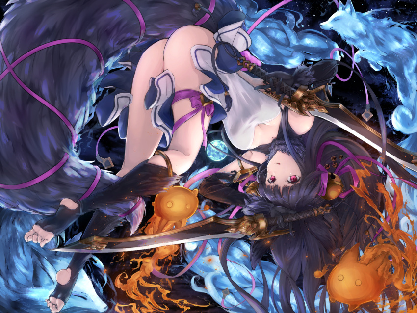 1girl :q \m/ ass bangs bare_shoulders bell black_gloves black_legwear blunt_bangs breasts cleavage cleavage_cutout closed_mouth coffee1223 creature double_\m/ dress dual_wielding elbow_gloves fire fox full_moon fur-trimmed_gloves fur-trimmed_legwear fur_collar fur_trim gloves granblue_fantasy hair_bell hair_ornament hair_ribbon highres holding holding_sword holding_weapon jingle_bell kitsune kneehighs kneepits long_hair looking_at_viewer medium_breasts moon no_panties pink_eyes pink_ribbon ribbon short_dress sidelocks sleeveless solo stirrup_legwear sword tail thigh_strap toes tongue tongue_out upside-down very_long_hair weapon white_dress yuel_(granblue_fantasy)