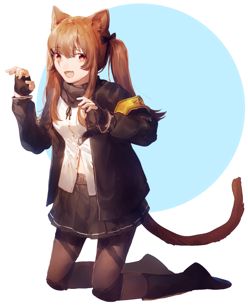 1girl :3 :d animal_ears armband bangs black_footwear black_gloves black_legwear black_ribbon black_skirt boots brown_hair cat_ears claw_pose fang fingerless_gloves full_body girls_frontline gloves hair_ornament hair_ribbon hairclip highres jacket kemonomimi_mode knee_boots kneeling long_hair long_sleeves mncpa open_clothes open_jacket open_mouth pantyhose red_eyes ribbon shirt sidelocks skirt smile solo twintails two-tone_background ump9_(girls_frontline) white_shirt