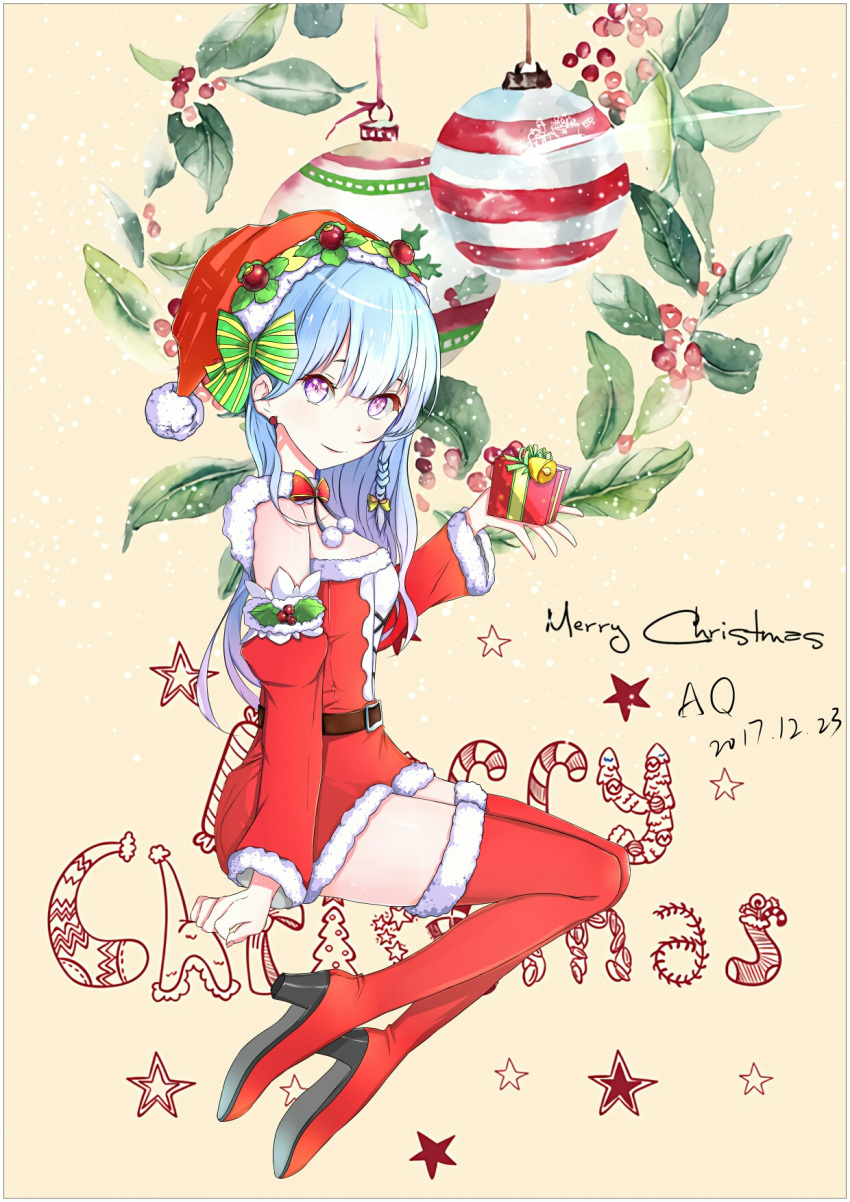 1girl aiqing blue_eyes blush boots bow braid breasts christmas closed_mouth dated eyebrows eyebrows_visible_through_hair full_body gift hair_bow hat high_heel_boots high_heels highres holding holding_gift long_hair looking_at_viewer medium_breasts merry_christmas original red_footwear red_hat santa_costume santa_hat signature smile solo thigh-highs thigh_boots violet_eyes yellow_bow