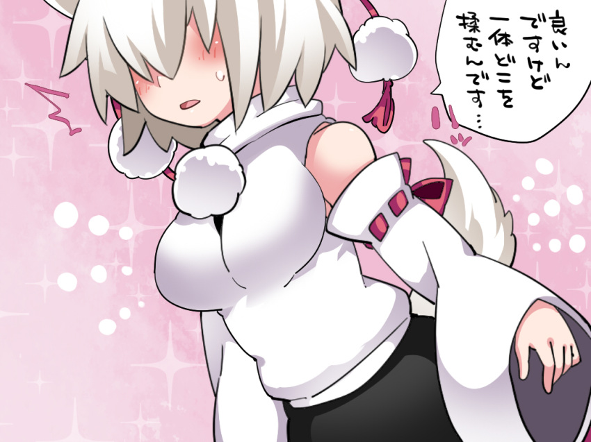 /\/\/\ 1girl animal_ears commentary_request detached_sleeves hair_over_eyes hammer_(sunset_beach) inubashiri_momiji open_mouth pom_pom_(clothes) short_hair skirt solo sparkle touhou translation_request upper_body white_hair wide_sleeves wolf_ears