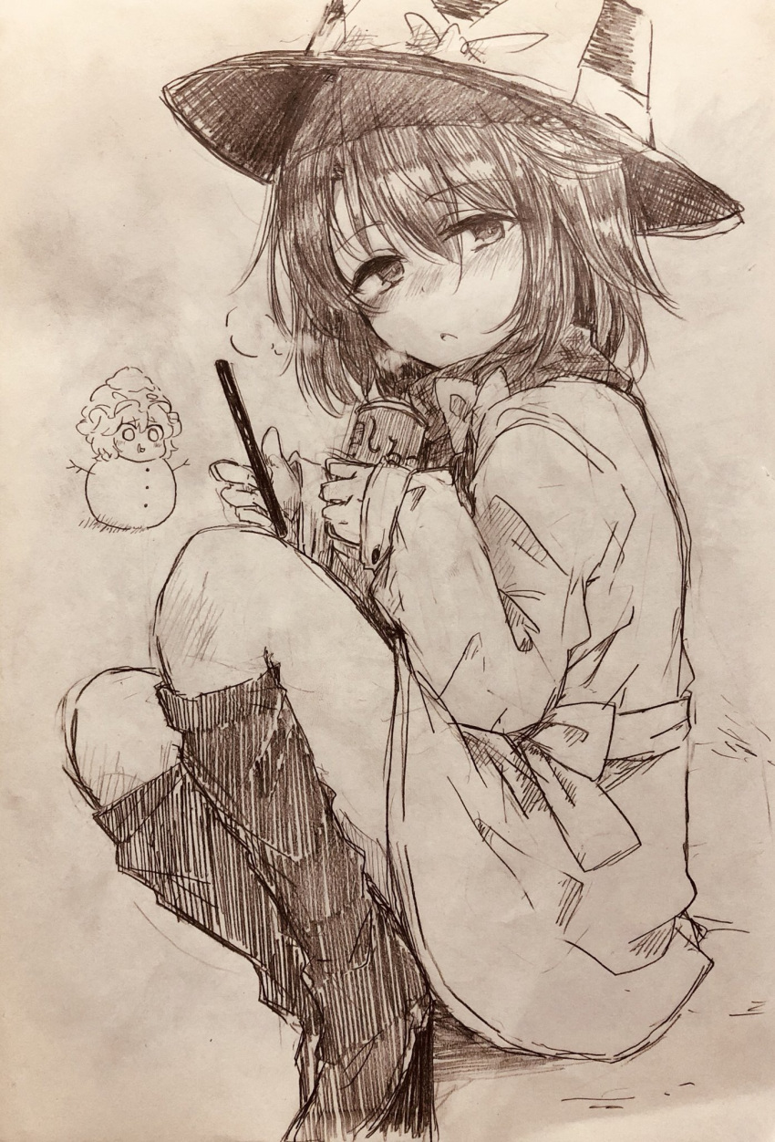 2girls bangs blush boots bow can closed_mouth efukei eyebrows_visible_through_hair hair_between_eyes hair_bow hat hat_bow highres holding holding_can looking_at_viewer maribel_hearn mob_cap monochrome multiple_girls phone scarf touhou traditional_media usami_renko