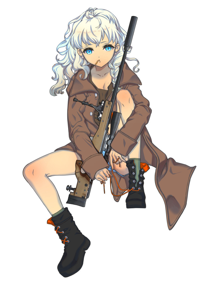 1girl absurdres black_footwear blue_eyes boots braid brown_jacket dereiope earrings full_body green_legwear gun highres jacket jewelry knee_up long_hair looking_at_viewer original rifle socks solo tying_boots weapon