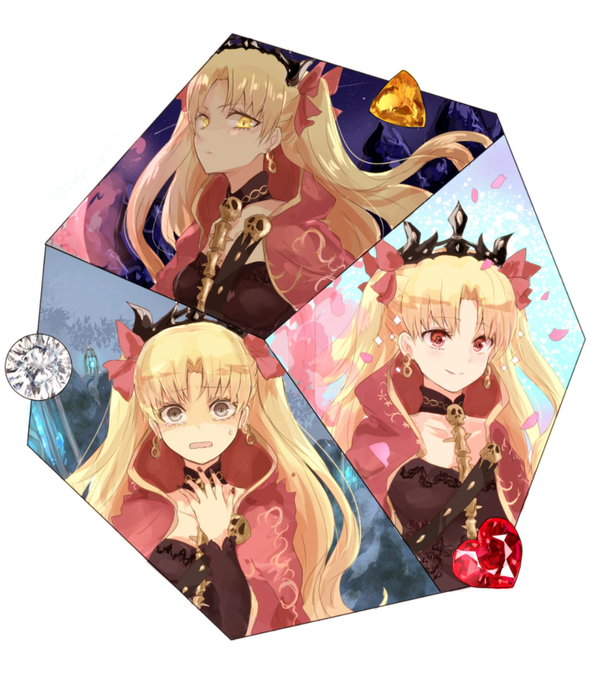 0825belle 1girl amber_(stone) angry bangs black_nails blonde_hair cape choker commentary_request diamond earrings embarrassed ereshkigal_(fate/grand_order) fate/grand_order fate_(series) gem grey_eyes hair_ribbon highres jewelry light_blush long_hair multiple_views nail_polish parted_bangs petals red_eyes red_ribbon ribbon ruby_(stone) skull smile spine sweatdrop tiara tohsaka_rin two_side_up wavy_mouth yellow_eyes