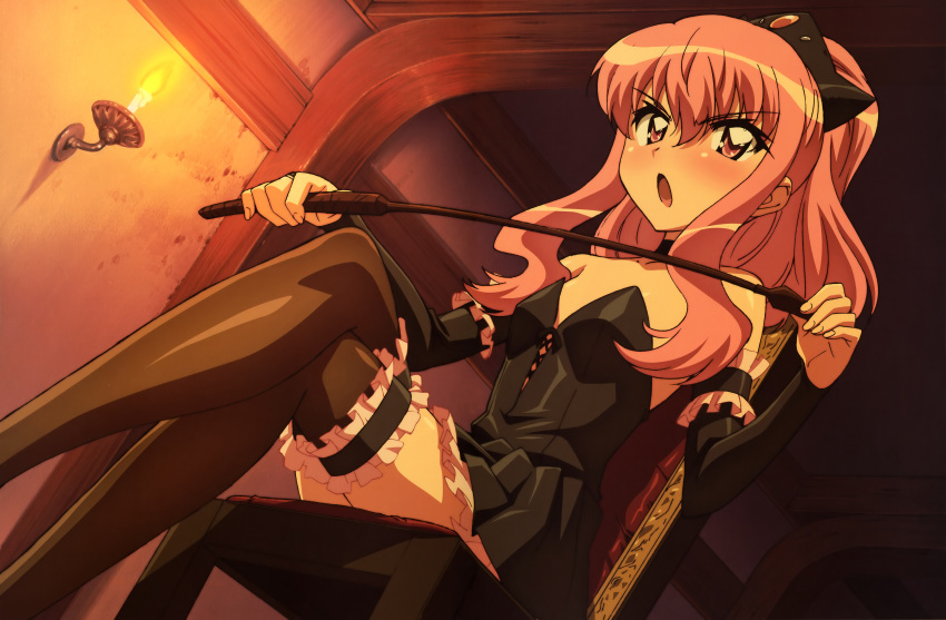 1girl absurdres angry artist_request black_dress black_gloves black_legwear blush breasts crown dress dutch_angle elbow_gloves garters gloves highres legs_crossed long_hair looking_at_viewer louise_francoise_le_blanc_de_la_valliere maid official_art open_mouth pink_eyes pink_hair sitting small_breasts solo thigh-highs whip zero_no_tsukaima