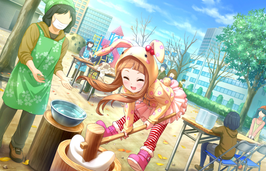 1girl animal_ears animal_hood artist_request bangs blue_sky blunt_bangs blush boots brown_hair bunny_hood bunny_tail check_artist child closed_eyes cosplay covered_mouth day face_mask floral_print food holding hood hoodie ichihara_nina idolmaster idolmaster_cinderella_girls idolmaster_cinderella_girls_starlight_stage kigurumi long_hair long_sleeves mask mochi official_art open_mouth outdoors pink_skirt rabbit_ears sekina skirt sky smile solo_focus striped tail tree wagashi water zipper