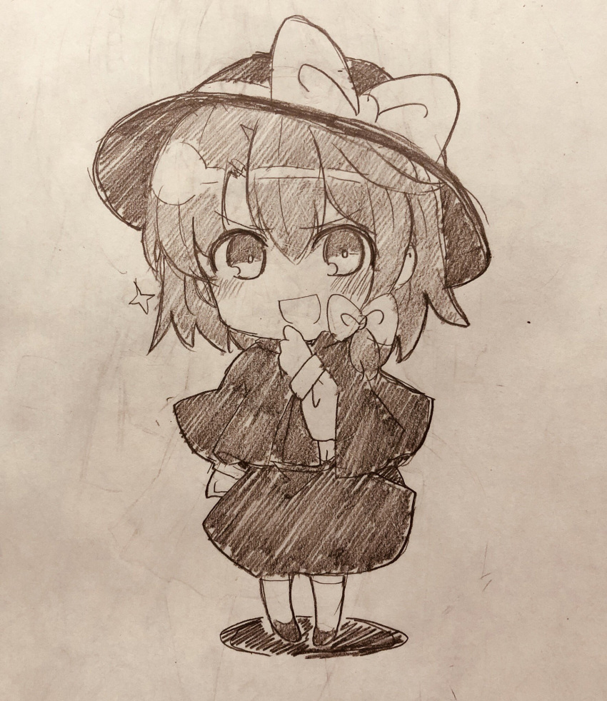 blush bow capelet chibi efukei eyebrows_visible_through_hair full_body hair_between_eyes hair_bow hand_on_own_face hat hat_bow highres long_sleeves looking_at_viewer monochrome open_mouth shoes short_hair skirt sleeve_cuffs socks standing touhou traditional_media usami_renko